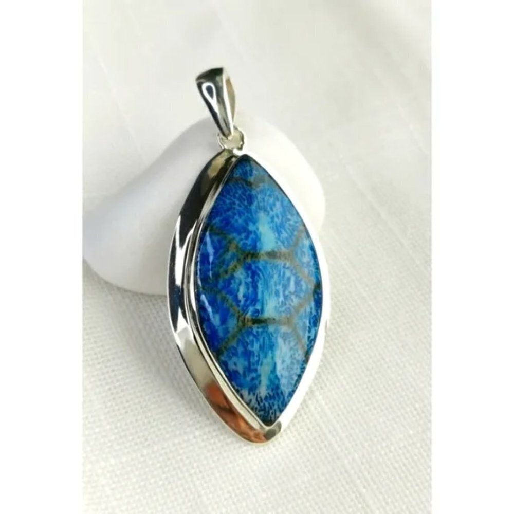 Artisan Blue Jasper marquise cabochon sterling silver pendant for necklace 🆕